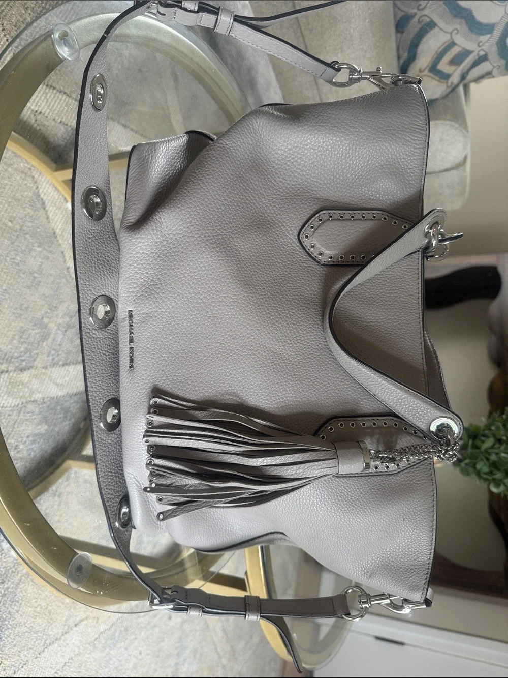 Michael Kors Taupe Leather Tassel Shoulder Hobo Bag